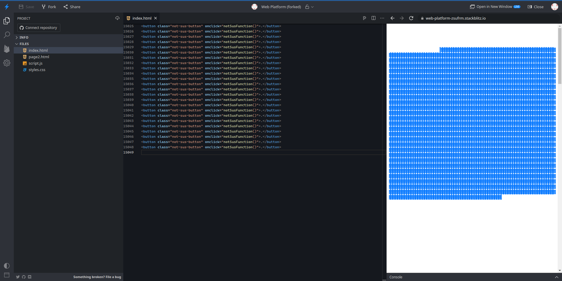 stackblitz is a cool html editor that works entirely in browser even with full stack apps using the power of wasm