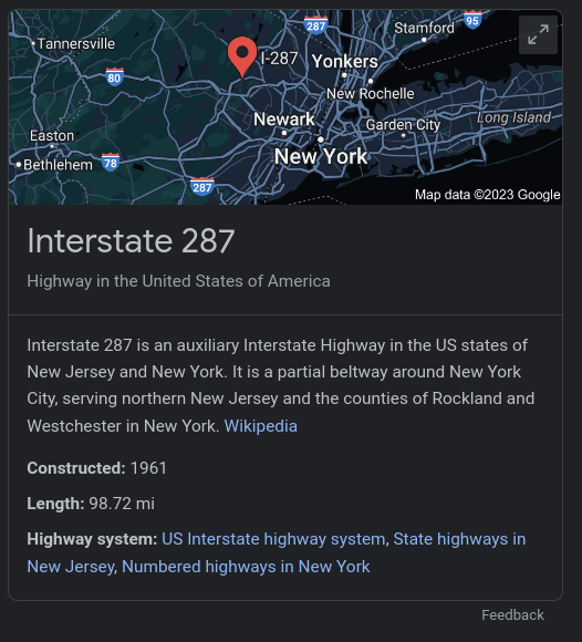 i287 on a small map shows it's even closer to new york